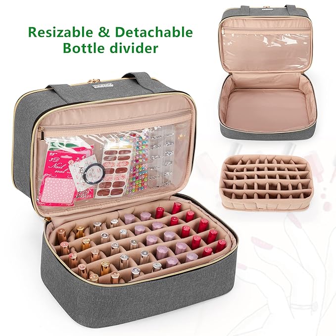 BAFASO Nail Polish Organizer Holds 40 Bottles (15ml - 0.5 fl.oz) and a Nail Lamp, Nail Polish Carrying Case with Manicure Tools Storage Sections (Bag Only), Gray