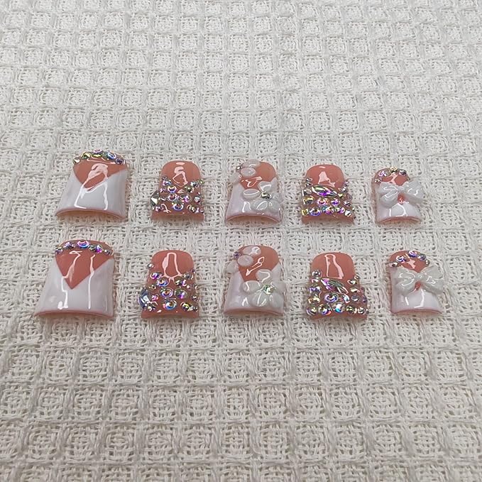 Handmade Nails Duckbill Shape Sweet Luxury Style Peach Pink White Base 3D Bow Charms Iridescent Rhinestone Delicate Pattern Glossy Surface Fashion Manicure Press on Nails 10 pcs (S)