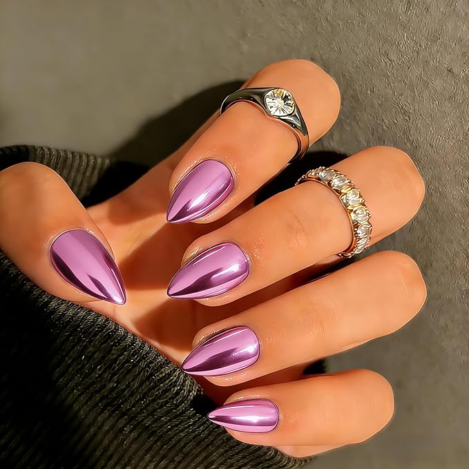 Chrome Press on Nails Short Almond, Metallic Baby Pink Fake Nails with a Sparkle Mirror Finish, Glitter Glue on Nails for Women Birthday Party, Thick Quality Soft Gel Nail Press ons 30 Pcs