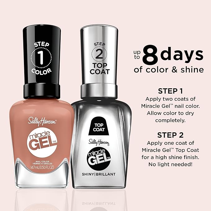 Sally Hansen Miracle Gel Salon Quality Nail Polish | Gel-Like Formula, Two-Step System, No UV Light Needed, Long Lasting | Opaque, Crème | 190 Road Less Traveled | Warm Beige Nail Polish