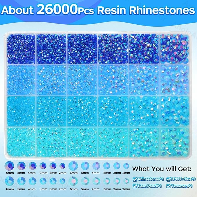 26000PCS Blue Resin Flatback Rhinestones for Crafting, Resin Rhinestones for Bedazzling Kit, 2/3/4/5/6mm Flatback Gems Jewels for DIY Mugs Tumblers Clothing Shoes Nail Art