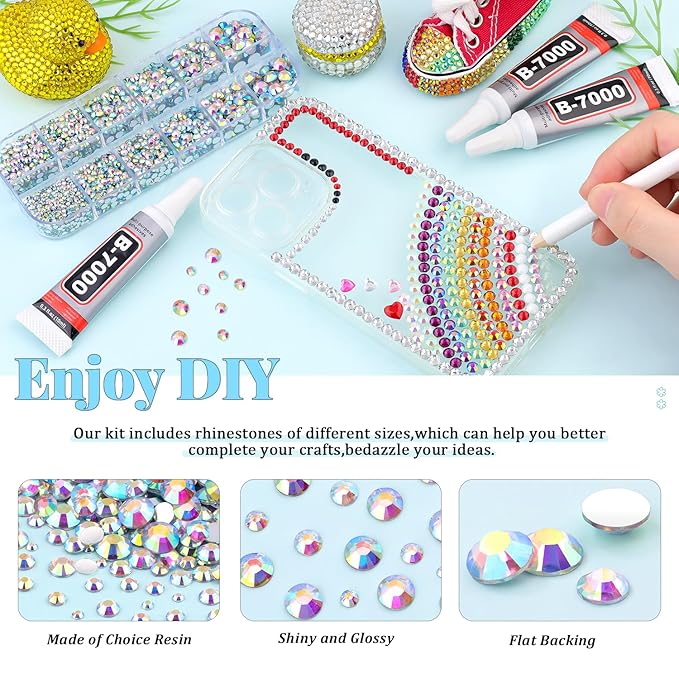 12000Pcs Resin Rhinestones for Bedazzling with 3Pcs B7000 Jewelry Glue, 2 Boxes AB Flatback Rhinestones for Crafting Crafts DIY, Crystals Gems for Clothing Shoes Tumblers Nail Art Makeup