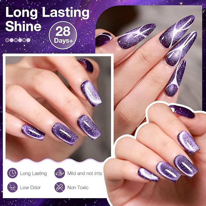Purple Cat Eye Gel Nail Polish with Magnetic Stick - 12ML Glitter Magnetic Nail Polish for Multiple 3D Effects, Soak Off UV LED Gel Polish for DIY Manicure Salon Gifts for Women