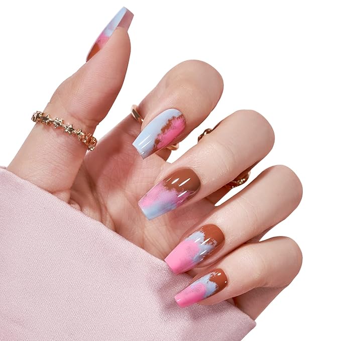 BTArtbox Press on Nails Medium - Coffin Press On Nails with Glue and Adhesive Tabs for Women, Soft Gel Glue On Nails in 15 Sizes - 30 Stick On Nails Kit, Cherry Blossom Latte