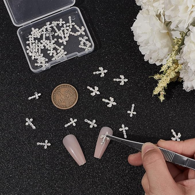 CRASPIRE 60Pcs Cross Nail Charms 3D 3 Style Y2K Metal Alloy Rhinestone Pearl Flat Gems Set Gothic Vintage Punk Studs Decor for Women Nail Art DIY Jewelry Charms Christmas Decoration Crafts Accessories
