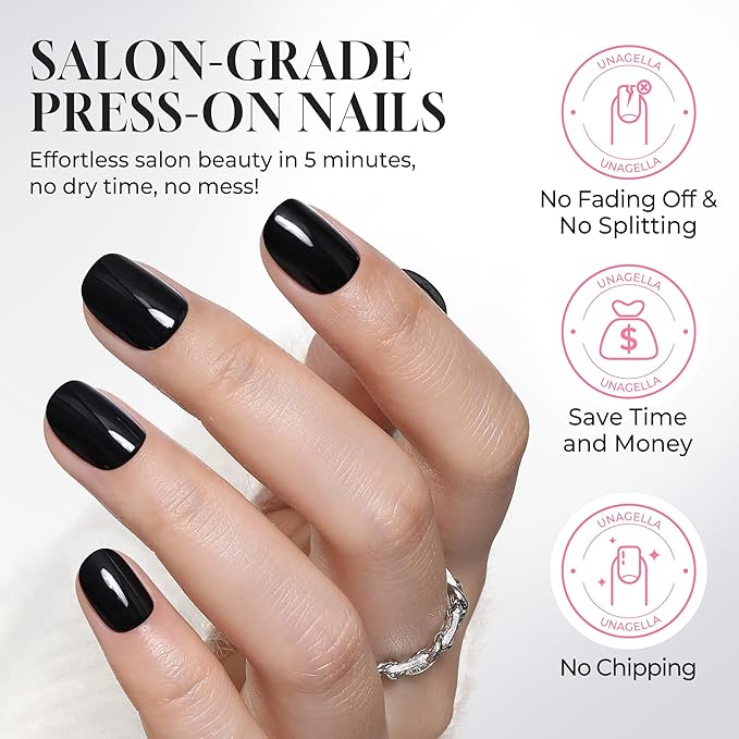 UNA GELLA Soft Gel Press on Nails - 32Pcs 15 Sizes Short Round Black Fake Nails, Glossy Reusable Glue on Nails for Women, Durable Artificial Nails Kit for DIY Manicure