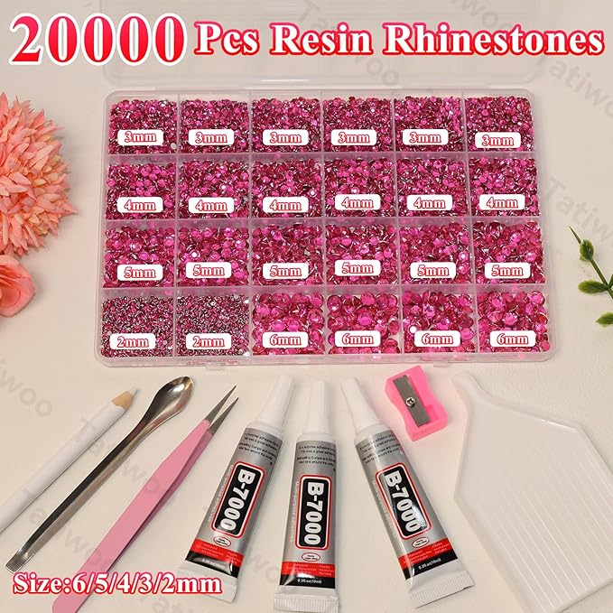 20000Pcs Hot Pink Flatback Jelly Resin Rhinestones for Bedazzling, Mix Sizes Crystal Rhinestones Gems, Hot Pink Gems Bedazzling for Crafting for DIY Face Makeup Crafts Tumblers