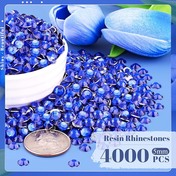 4000PCS 5mm Resin Rhinestones Bulk for Crafting (Royal Blue), Flatback Bedazzling Crystals for Crafts DIY Nail Decoration, Gems Charms for Tumbler Shoes Clothing Fabric with Pickup Pen and Tweezers
