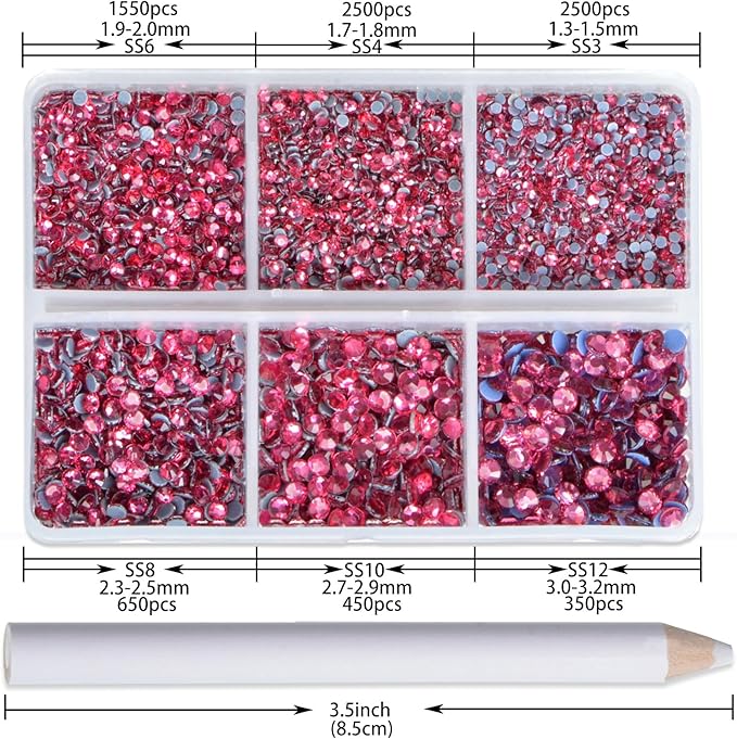 NCB Hotfix Iron on 8000pcs Crystal Rhinestones Round Gem for Crafts Decoration DIY Jewelry Making with a Picking Pen (Rose, 6Sizes SS3-SS12)