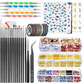 Nail Art Design Tools - 3D Decorations Kit with Brushes, Dotting Tools, Holographic Stickers, Nail Foil Tape, Rhinestones and Pick-Up Tweezers