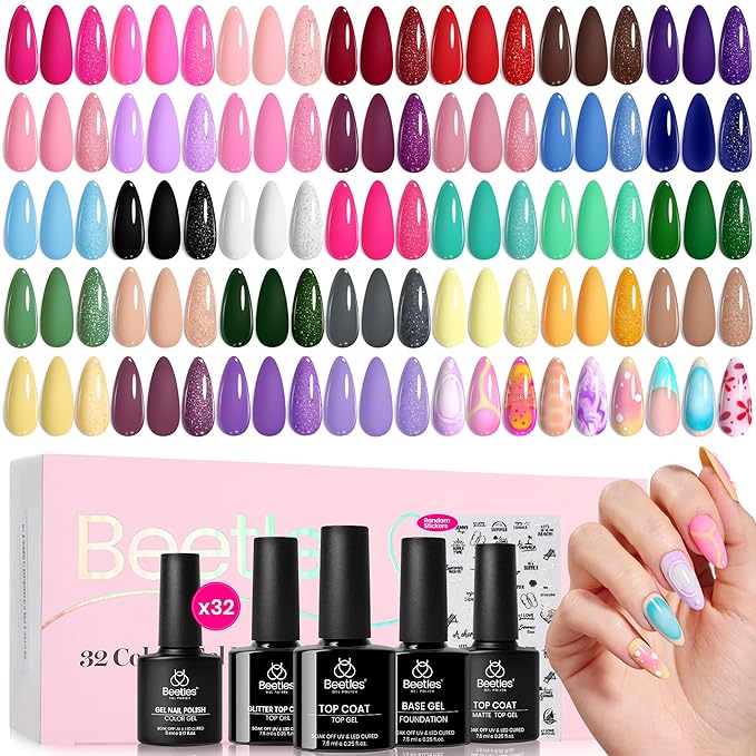 beetles Spring Gel Polish Set - 32 Colors Purple Orange Red Brown Black White Blue Nude Green Gel Polish Set All Seasons Kit with Base Top Coat UV LED Needed Gifts for Women Fingertips Canvas