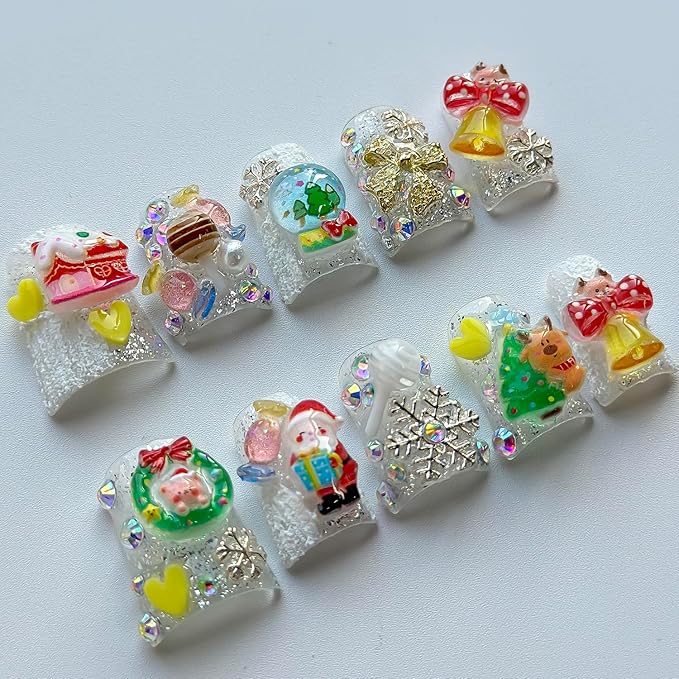 Christmas Luxury Press on Nails Short Duck Handmade 3D Unique Reusable ABS Material Fake Nails Cute False Nails with Santa Reindeer Tree Snowflake Bow Glossy Glue on Nail Thick Acrylic Nail(S)