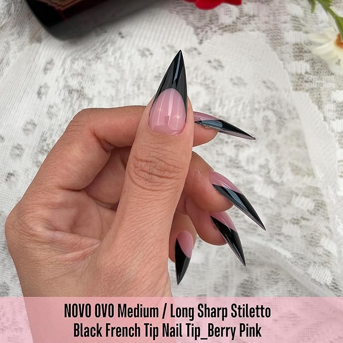 NOVO OVO Black French Tip Sharp Stiletto Pointed Medium Long Nail Tips Press on Berry Pink, Soft Gel Fake Acrylic Extension, Full Cover False Nails for Salon DIY x 16 Sizes 160 pcs