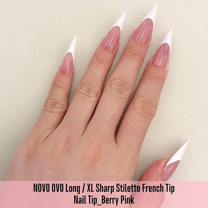 NOVO OVO White French Tip Long XL Sharp Stiletto Nail Tips Press on BERRY PINK, Soft Gel Double Matte Fake Nail Extension, Full Cover False Nails for Acrylic DIY x 16 Sizes 160 pcs