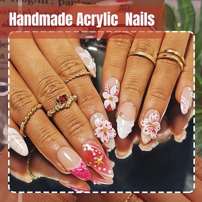 Handmade Acrylic Press On Nails Almond, Red Press On Nails Medium, Flower 3D Nails French Tip Star Bubble Preal For Women Gift, Reusable Stick On Fake Nails Kit With Nail Glue (Romantic Floral-S)