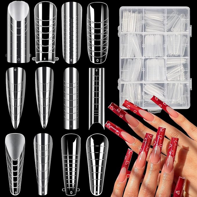 288PCS Nail Forms & Molds for French Nails, Acrylic Nail Tips, 96PCS Duet System Dual Forms Sticker Silicone Reusable Pads, 4 Styles 12 Sizes Scale for Manicure Extension