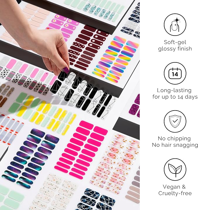 Semi Cured Gel Nail Strips - NAILOG 20 Pcs Red Strawberry Nail Stickers Extra Long Wraps with Glossy Gel Finishing for Spring, Strawberry Sorbet