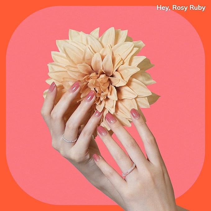 Heyhae Semi Cured Gel Nail Strips | Sun-Cured No LED Lamp Needed Easy Apply & Remove | Includes 28 Strips, 1 Prep Pad, 1 Nail File & 1 Wooden Stick - Hey, Rosy Ruby