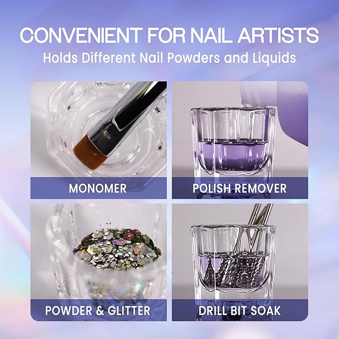Beauticom Crystal Glass Dappen Dish for Acrylic Nail Dip Powder, Monomer, and Nail Polish Remover (Octagon Shape w/Stainless Steel Lid, 4 Pieces)