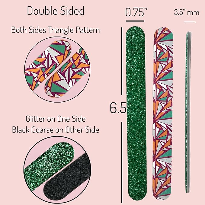 20 pc ALAZCO Premium Nail Files Coarse & Medium Grit Professionals & DIY Washable Emery Boards for Natural Acrylic Gel Press-On Nails Travel TSA Friendly Colorful Pattern/Black/Green Glitter
