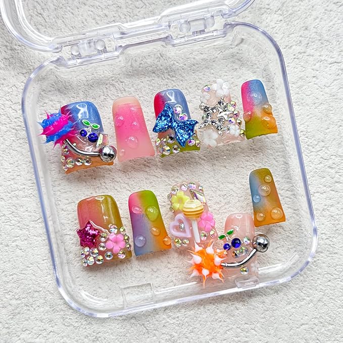 10 Pcs Handmade Duck Press on Nails with Glue,Colorful Fake Nails with 3D Diamond Pink Pentagram Blue Bow Tie Design Acrylic Press on Nail Reusable Thick Handmade False Nails for Women DIY (Size M)