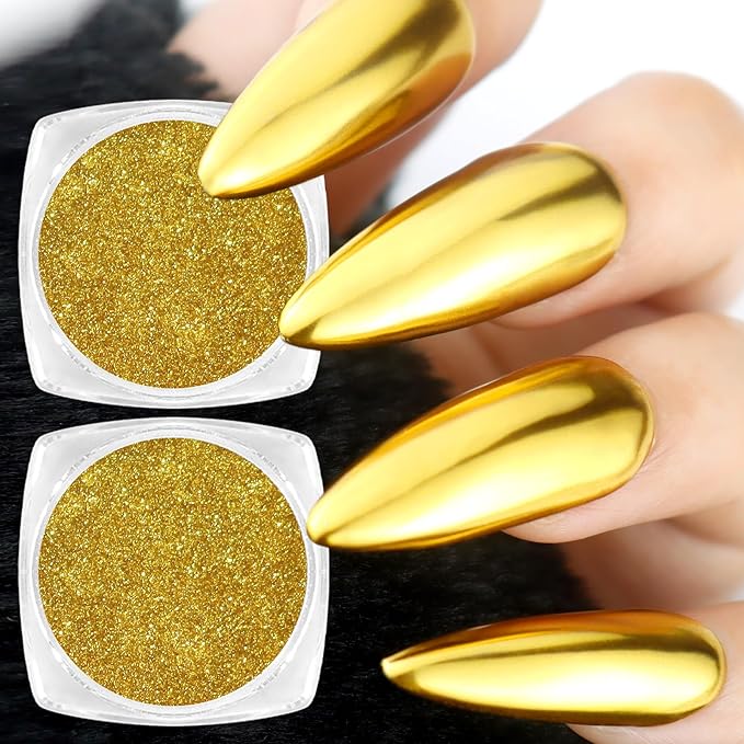Allstarry Gold Chrome Nail Powder, 2pcs Metallic Mirror Effect Dust Glitter Glazed Manicure Decoration Reflective Pigment for Gel Polish Nail Art Decoration Resin Craft, Festivals - Gold