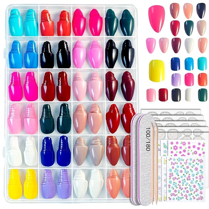 576Pcs Press On Nails, Mixed 12 Short Round & 12 Almond Glossy Full Cover False Nail Tips with Flower Stickers & Adhesive Tabs for Woman DIY Nail Art Practice & Daily Wear (Bright Color)