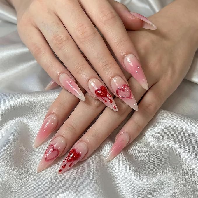 Valentines Press on Nails Long Fake Nails Almond Artificial Nail Pink Heart Love Designs Seeneey Cute Stick on Nail for Women 24pcs