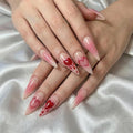 Valentines Press on Nails Long Fake Nails Almond Artificial Nail Pink Heart Love Designs Seeneey Cute Stick on Nail for Women 24pcs