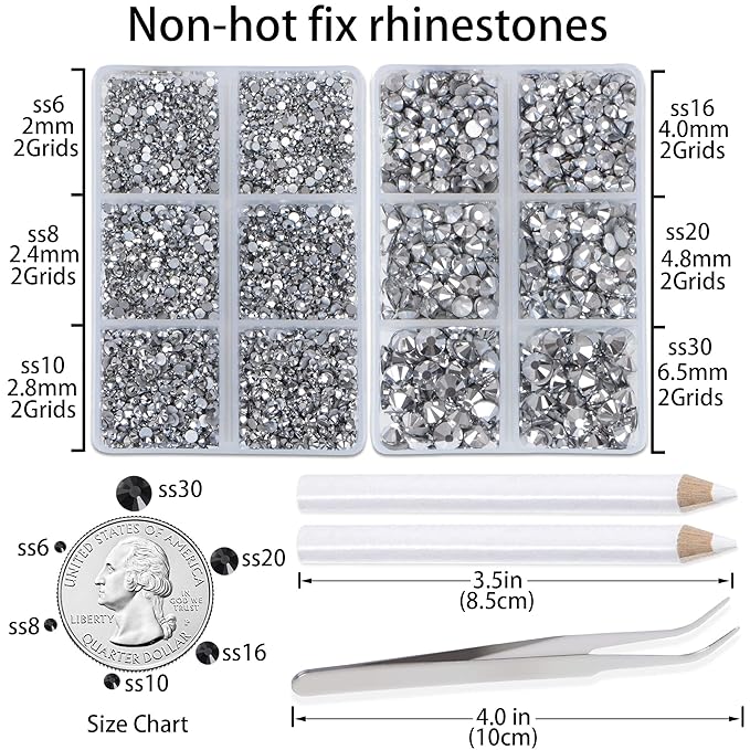 LPBeads 6000 Pieces Metallic Silver Non Hotfix Rhinestones 6 Sizes Round Crystal Glass Flat Back Rhinestones with Tweezers and Picking Pen for Nail Art Crafts Clothes Bags DIY
