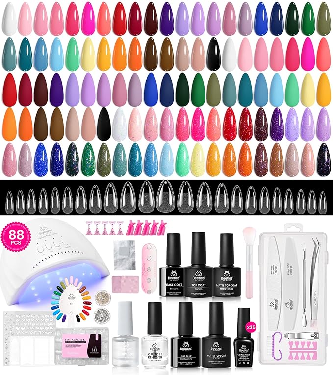 Beetles Deal Box Gel Nail Polish Kit with U V Light - 35 Colors Gel Polish 288 Pcs Almond Nail Tips 88 Pcs Nails Kit with TPO&HEMA Free Base Matte/Glossy/Glitter Top Coat DIY Gifts for Women