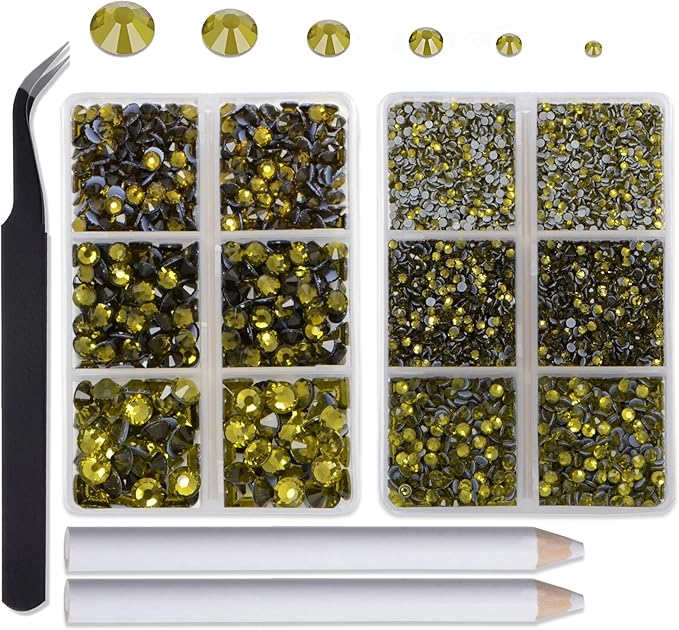 8000pcs Hotfix Rhinestones Flatback,Rhinestones for Crafts Clothes Mixed 6 Sizes, Hotfix Crystals with Wax Pencil Kit, SS4-SS30,Olivine