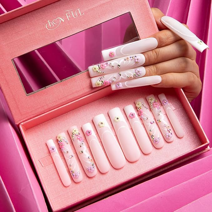 LOVFUL Press on Nails Rococo | Handmade with Full Covered Crystals | Reusable Fake Nails | Square | H94-S, pink