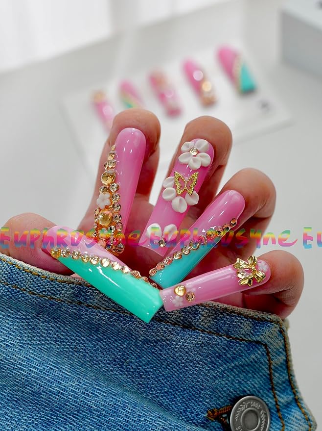 Coffin Press On Nails – 10pcs Long Pink Fake Nails with Rhinestones, 3D Flowers & Butterfly Charms | Glossy Stick On Acrylic Nails for Women Party or Daily Wear