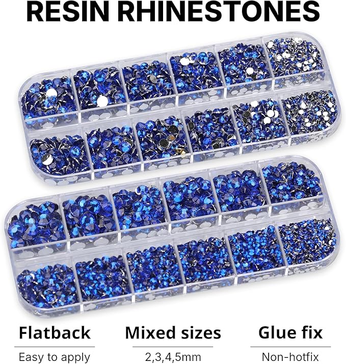 11000Pcs Blue 2/3/4/5mm Flatback Rhinestones with Glue for Bedazzling Crafting Clothing Clothes Crafts Nail Art, Royal Dark Navy Blue Resin Flat Back Gems Crystals Diamonds Gemstones Jewels Stones Kit