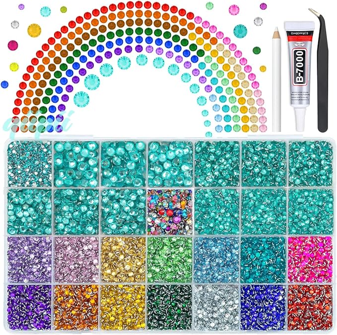 28 Grids Aquamarine Blue 2mm-6mm Resin Rhinestones w B7000 Glue for Bedazzling Crafting Colorful Flatback Stones Diamonds Crystals Gems Bedazzler Kit for Nails Face Eyes Makeup Tumblers Crafts