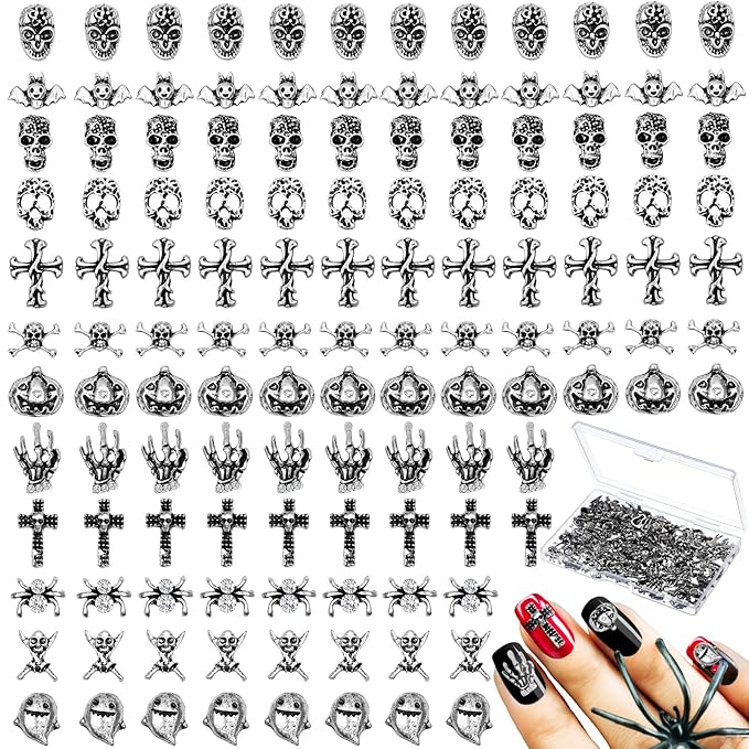 180 Pieces Halloween Nail Charms Metal 3D Vintage Skull Cross Rhinestones Ghost Bat Skeleton Nail Charms for Women DIY Halloween Supplies(Silver)