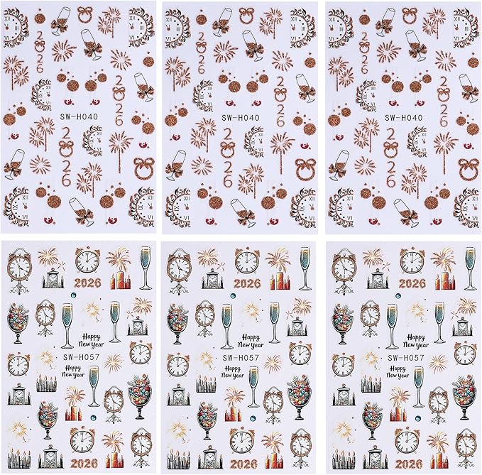 6Pcs Christmas Nail Art Stickers Decals 2026 New Year Fireworks Clock Nail Design Stickers Winter Xmas Nail Art Supplies 3D Self Adhesive Glitter Nail Decals Holiday Manicure Accessories for Women