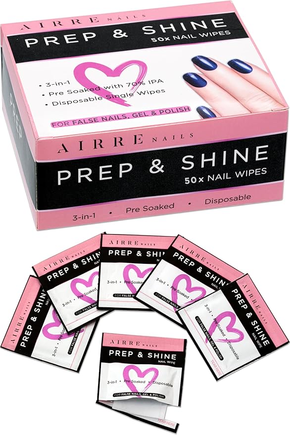 50 AIRRE NAILS Prep & Wipe Alcohol Nail Wipes 3in1 Lint-Free Prep & Shine Cleanser Pads for Gel Polish Sticky Residue & Tacky Layer Remover After UV/LED Curing – For Gel, Acrylic & False Nails & Tips