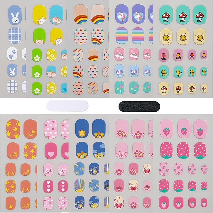 Colorful Kid Nail Stickers Full Nail Wraps for Kids Girls Self Adhesive Nail Strips for Nail Art Decoration Fun Including Rainbow Cat Rabbit Flower Strawberry Heart Sun for Age 8 and Older (10 Sheets)