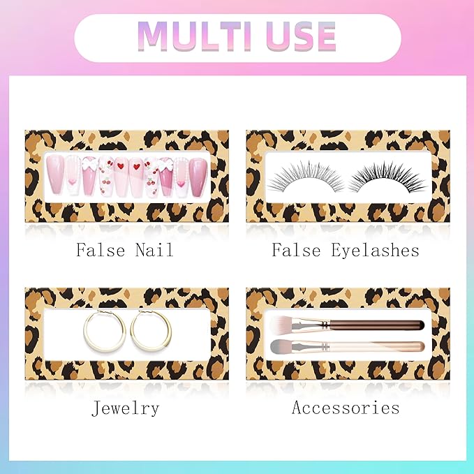 74PCS Press on Nails Packaging Box Set Includes 35PCS Empty Nail Package Box 35PCS White Background Paper 1 Double Sided Tape and 3 Thank You Stickers for Press on Nail Business (Brown Leopard)