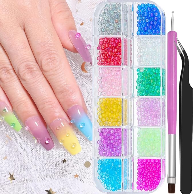 3D Mixed Sizes Bubble Beads Nail Charms Jewelry, 3D Aurora Bubble Beads Nail Charms Colorful Iridescent Mermaid Crystal Gems with Pickup Tools for Nails DIY Crafts Decorations(30-K1-3)
