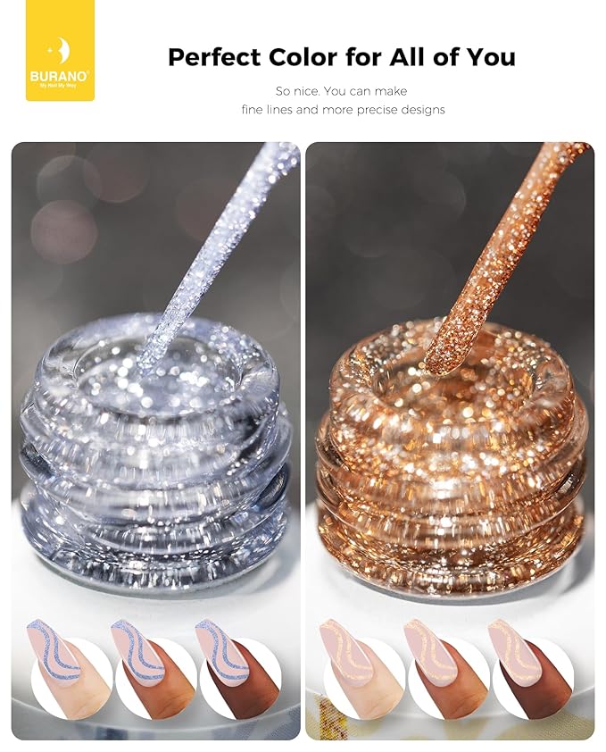 BURANO Gel Nail Polish Liner Nail Art Polish, Silver Gold Painted Gel Nail Design Polish 2 Bottle 8ml, Build in Thin Nail Brush Curing Required LX27 LX21