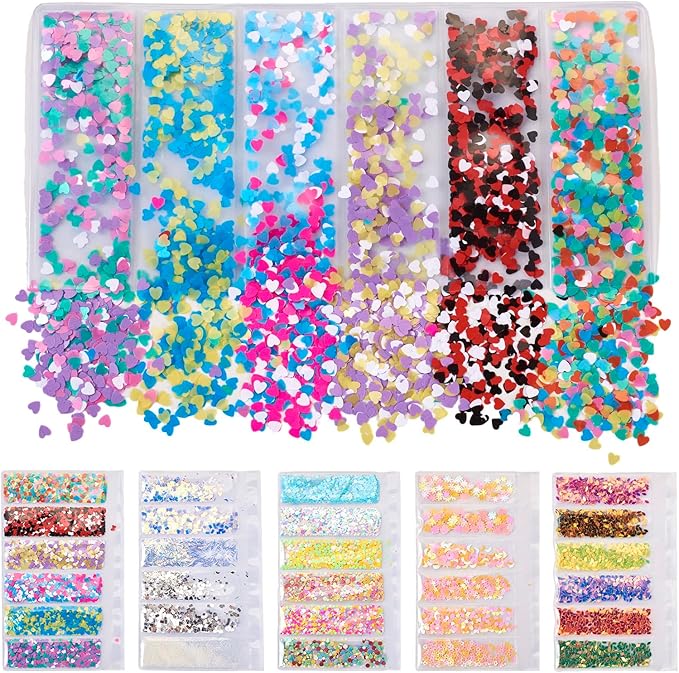 FASHEWELRY 5 Bags Nail Art Glitter Sequins Colorful Sparkle Moon Heart Round Nail Sequin 3D Glitter Flakes Nail Supplies for Women Girls Manicure Decorations Accessories