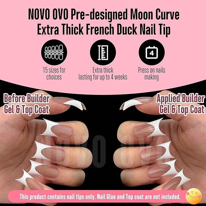 NOVO OVO Halloween Duck Nail White French Tips Press On BROWN PINK with Moon Curve, Medium Extra Thick Full Cover Acrylic,Pre-Etched Wide Soft Gel False Nail Extension for Salon DIY x 15 Sizes 150 pcs
