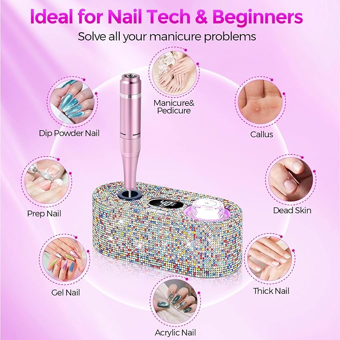 Nail Drill Electric File: DEDNMSCA Sparkly Professional Nail Drill Kit, 40000RPM E-file Machine with USB LED Light and 12 Drill Bits for Acrylic Nail Remove Gel Polish Manicure for Salon Home, Diamond