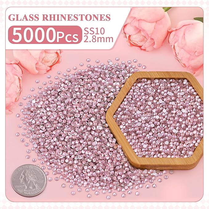 5000PCS SS10/2.8mm Crystal Rhinestones (Light Pink) with 2Pcs 10ml B7000 Jewelry Glue, Bedazzling Flatback Glass Rhinestones for Crafting, Gems Diomand Charms for Tumbler Shoes Clothing Mugs Nail Art