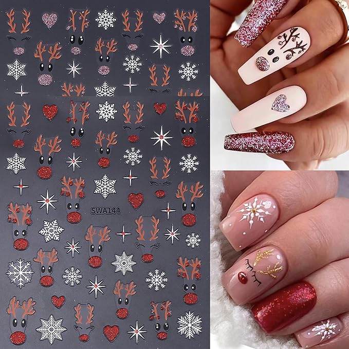 Christmas Holiday Nail Art Stickers 16PCS 3D Santa Claus Deer Decals for Nail Art Seasonal Fingernail Designs White Snowflake Gingerbread Man Self-Adhesive Manicure Decorations Accessories for Women