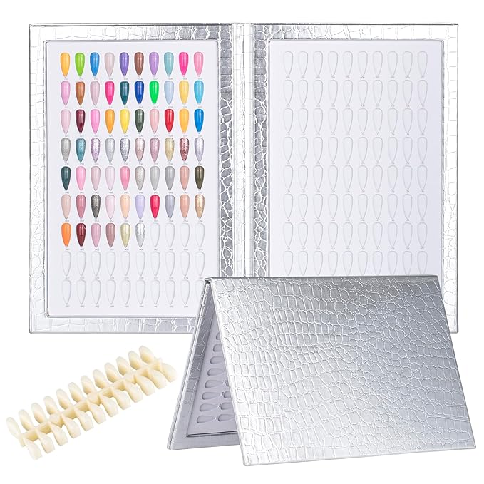 NMKL38 180 Colors Nail Display Chart Nail Gel Polish Organizer Color Card with 240 False Nail Tips (Silver)
