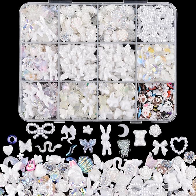 850 Pieces 3D Butterfly Rose Flower Bow Rabbit Bear Nail Charms Kit with Nail Art Rhinestones Pearls Crystal Gems Nail Slices for Manicure DIY Crafts Jewelry Accessories (White)